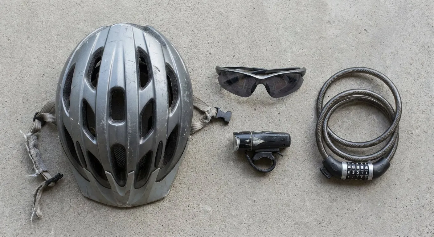 Un casco usato, occhiali, una luce anteriore e un lucchetto disposti su una superficie di cemento