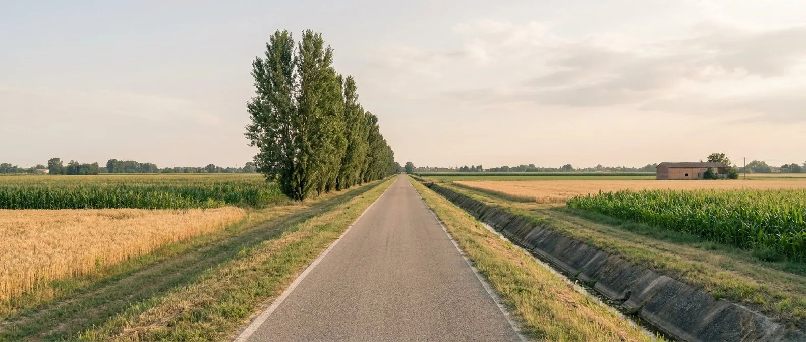 Una ciclabile asfaltata su una vecchia massicciata ferroviaria che attraversa dritta la pianura bolognese