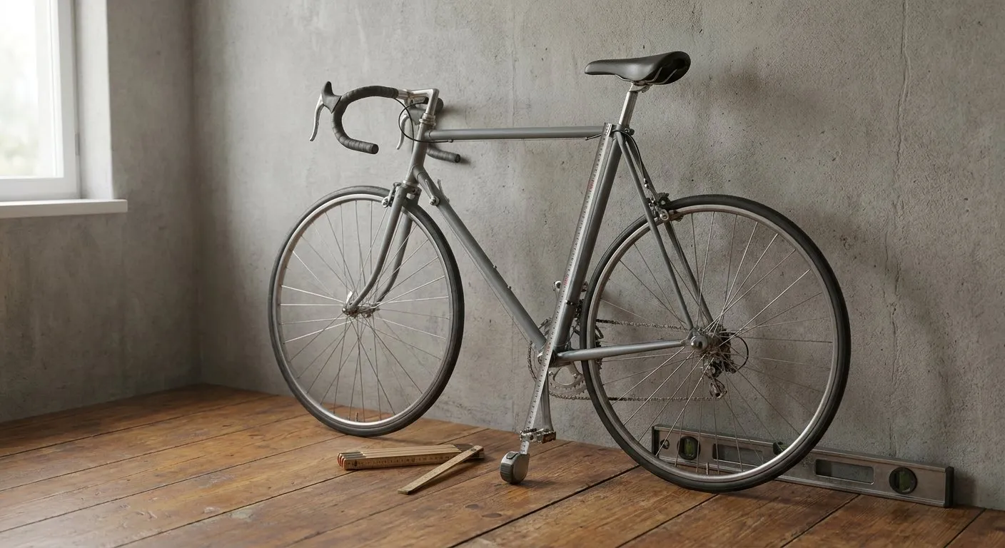 Una bici da corsa accanto a un metro a nastro teso lungo il tubo sella, con una livella per terra